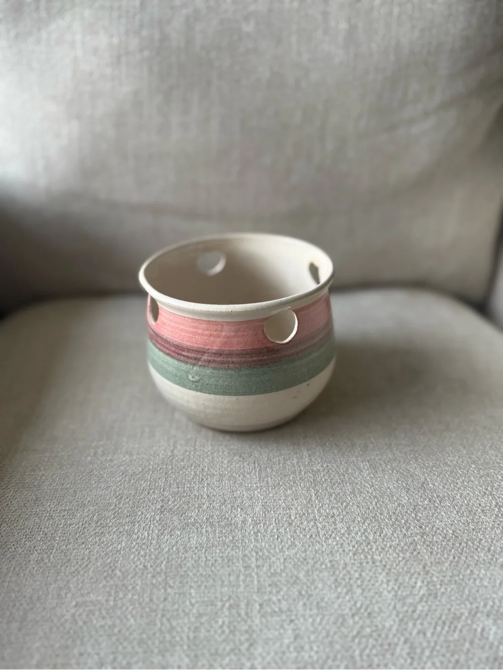 Striped Ceramic Planter, Candle Holder, Garlic Keeper with Heart Cutouts